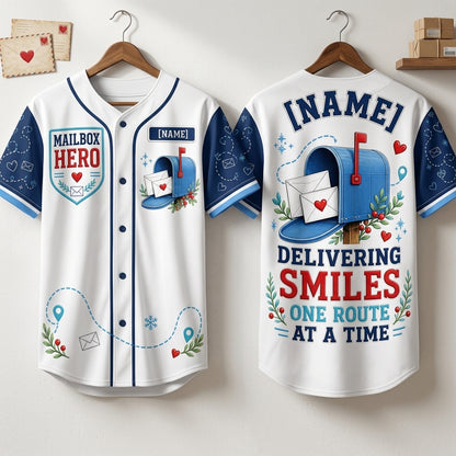 Personalized Mailbox Hero Baseball Jersey - Custom Name Postal Worker Gift - Delivering Smiles Mail Carrier Shirt - baseball jersey product view 3