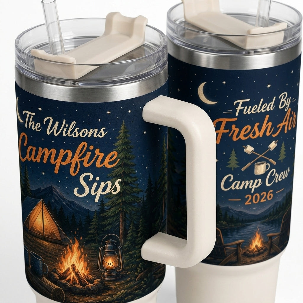 Personalized Campfire Sips 40oz Tumbler with Handle - Custom Family Name Camp Crew Gift