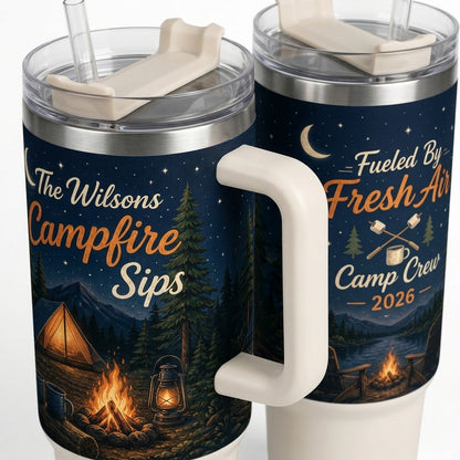 Personalized Campfire Sips 40oz Tumbler with Handle - Custom Family Name Camp Crew Gift
