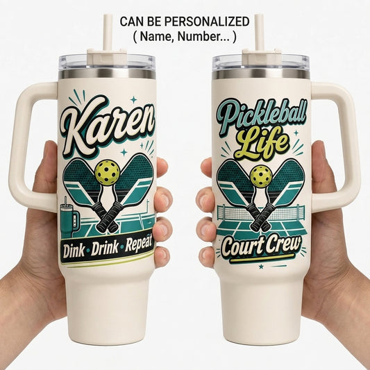 Personalized Pickleball Life 40oz Tumbler with Handle, Custom Name Court Crew Gift for Pickleball Players