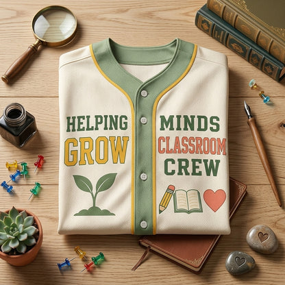 Personalized Helping Minds Grow Teacher Baseball Jersey - Custom Name Classroom Crew Sporty Shirt