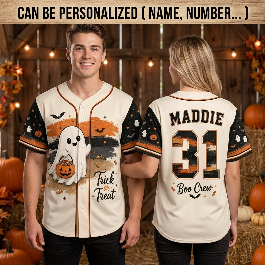 Personalized Halloween Boo Crew Baseball Jersey - Custom Name and Number Ghost Trick or Treat Sports Shirt
