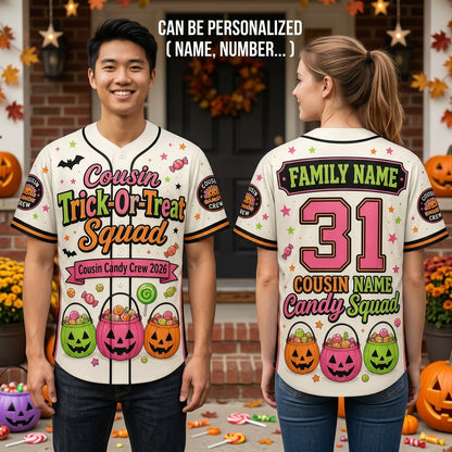 Personalized Cousin Trick-Or-Treat Squad Baseball Jersey - Custom Family Halloween Candy Crew Shirt