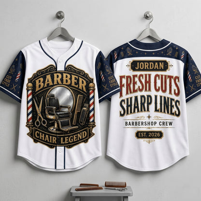 Personalized Barber Chair Legend Baseball Jersey - Custom Name Barbershop Crew Uniform