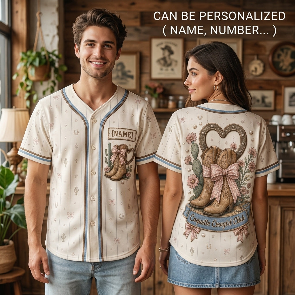Personalized Coquette Cowgirl Club Baseball Jersey - Custom Name Western Aesthetic Cowgirl Boots & Bows