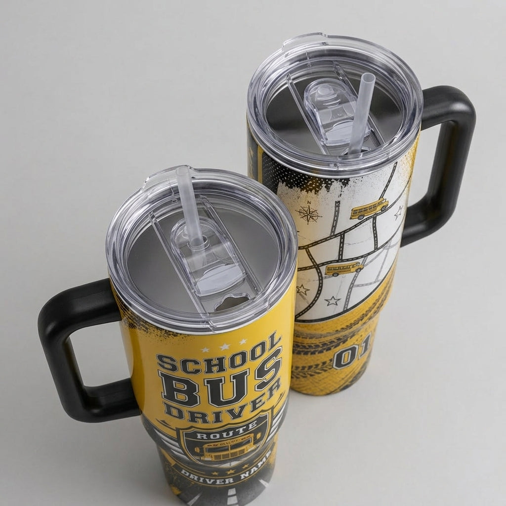 Personalized School Bus Driver 40oz Tumbler with Handle - Custom Name Yellow Bus Appreciation Gift