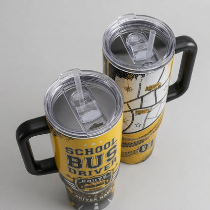 Personalized School Bus Driver 40oz Tumbler with Handle - Custom Name Yellow Bus Appreciation Gift