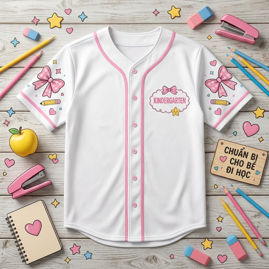Personalized First Day Vibes Baseball Jersey - Custom Kindergarten Back to School Shirt - Pink Bow Coquette Outfit