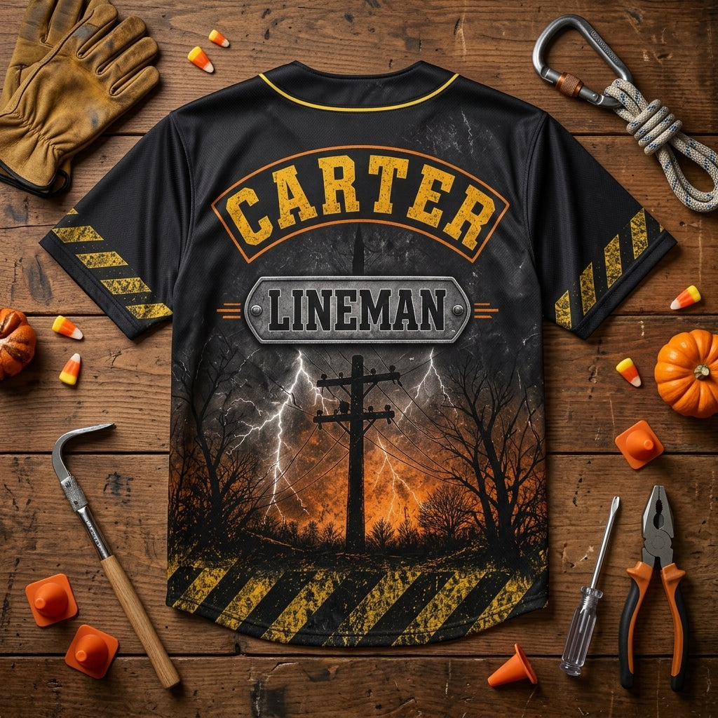 Personalized Lineman High Voltage Halloween Crew Baseball Jersey - Custom Name Electrician Gift