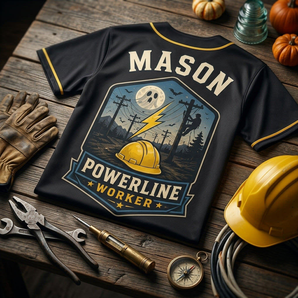 Personalized Spooky Grid Crew Baseball Jersey - Custom Name Powerline Worker Halloween Utility Lineman Gift