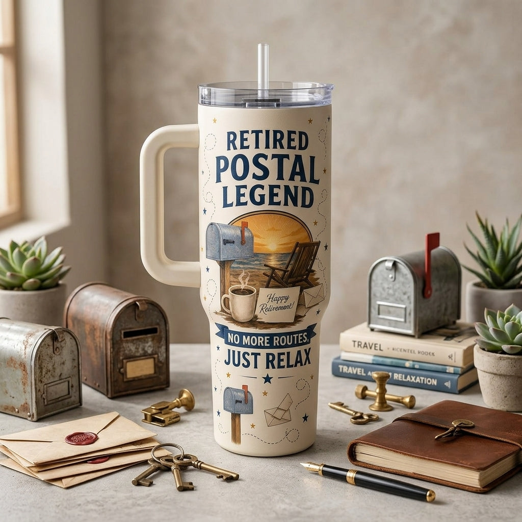 Personalized Retired Postal Legend 40oz Tumbler with Handle - Custom Name Mail Carrier Retirement Gift