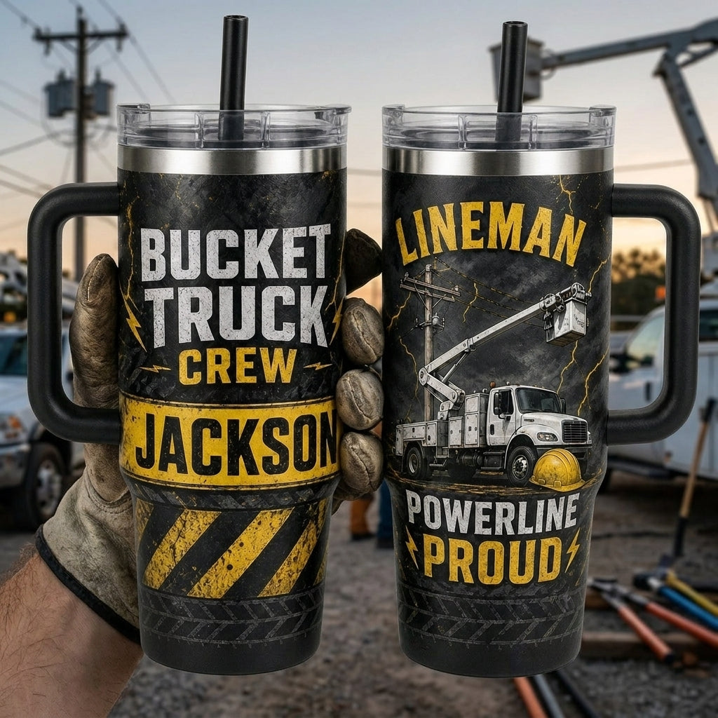 Personalized Lineman Bucket Truck Crew 40oz Tumbler with Handle - Custom Name Powerline Proud Gift