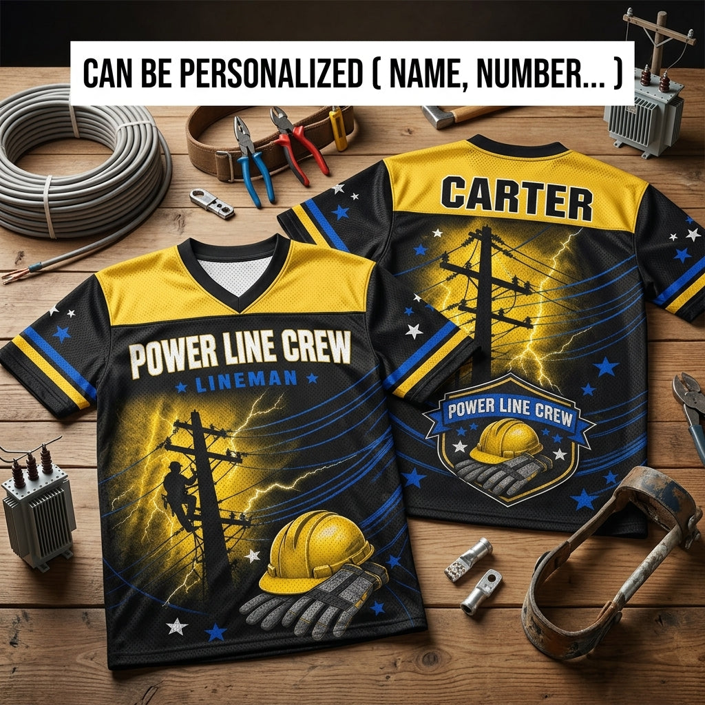 Personalized Lineman Power Line Crew Football Jersey - Custom Name Electrical Worker Mesh Apparel