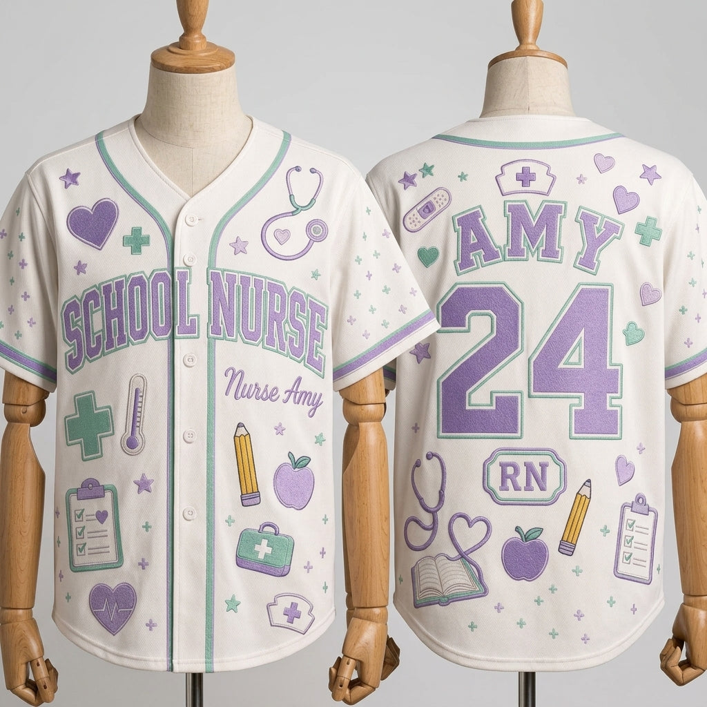 Personalized School Nurse Baseball Jersey - Custom Name & Number RN Gift