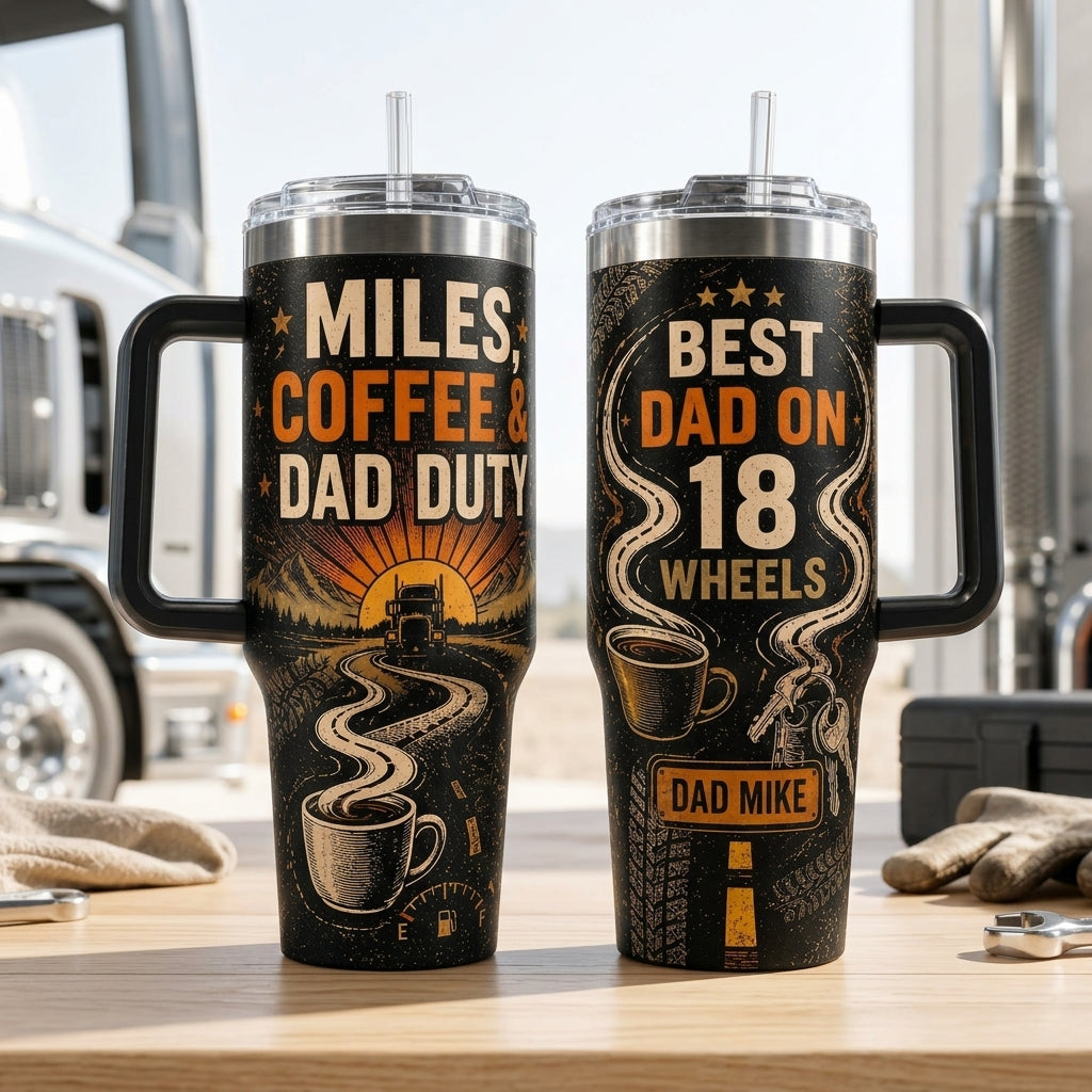 Personalized Best Dad on 18 Wheels 40oz Tumbler with Handle - Custom Trucker Dad Gift