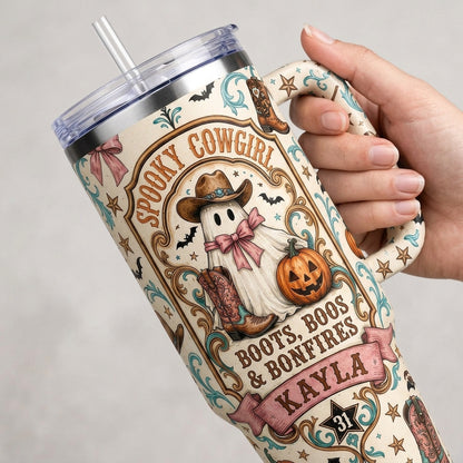 Personalized Spooky Cowgirl 40oz Tumbler with Handle, Custom Name Boots Boos & Bonfires Halloween Travel Mug