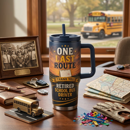 Personalized School Bus Driver Retirement Gift - One Last Route 40oz Tumbler with Handle