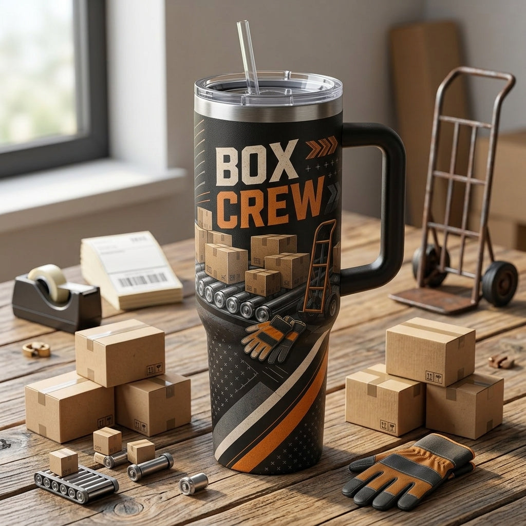 Personalized Package Handler Box Crew 40oz Tumbler with Handle - Custom Name Gift for Warehouse Workers - 40oz tumbler mockup 3