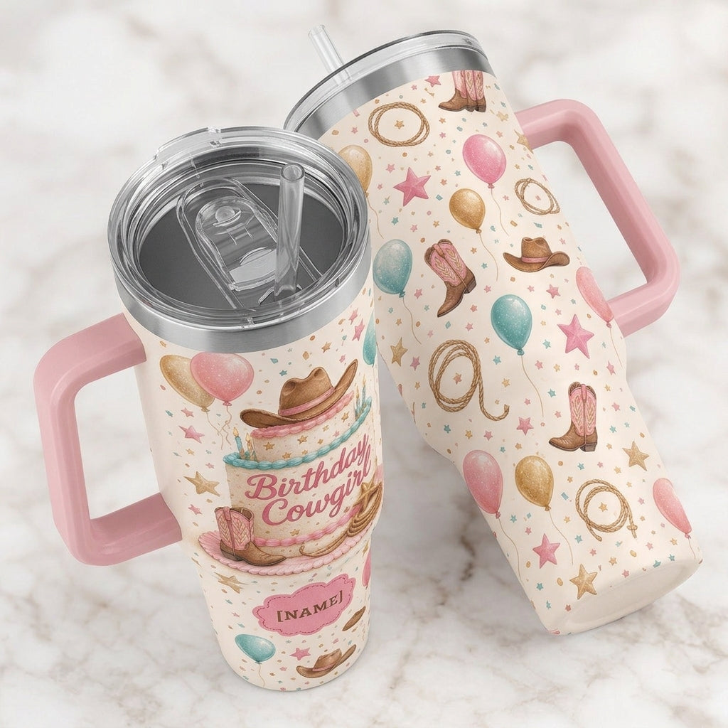 Personalized Birthday Cowgirl 40oz Tumbler with Handle, Custom Name Western Theme Gift