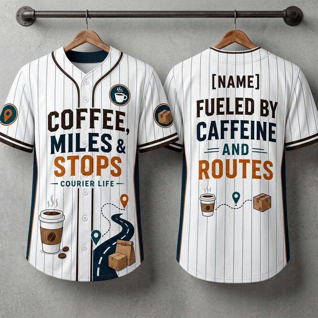 Personalized Courier Life Baseball Jersey - Custom Name Fueled by Caffeine and Routes Delivery Driver Gift
