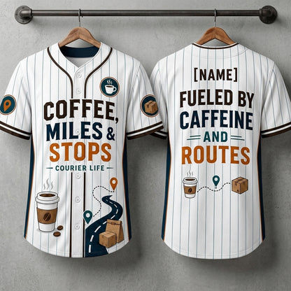 Personalized Courier Life Baseball Jersey - Custom Name Fueled by Caffeine and Routes Delivery Driver Gift
