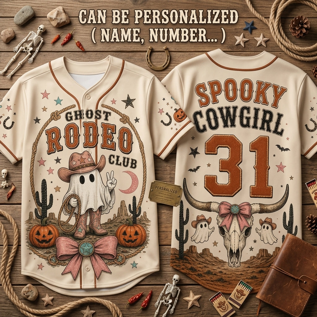 Personalized Spooky Cowgirl Ghost Rodeo Club Baseball Jersey - Custom Name & Number Halloween Western Outfit
