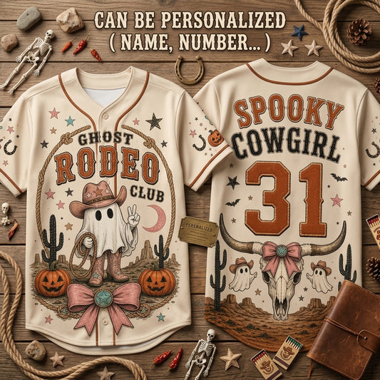 Personalized Spooky Cowgirl Ghost Rodeo Club Baseball Jersey - Custom Name & Number Halloween Western Outfit