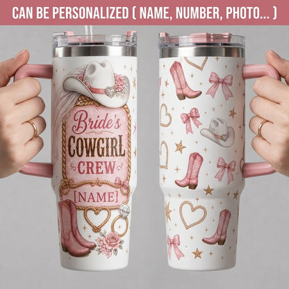 Personalized Bride's Cowgirl Crew 40oz Tumbler with Handle - Custom Western Bachelorette Gift