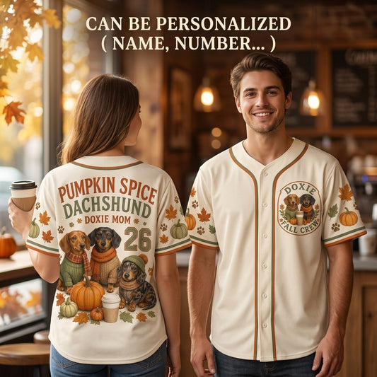 Personalized Pumpkin Spice Dachshund Baseball Jersey - Custom Doxie Mom Fall Crew Shirt