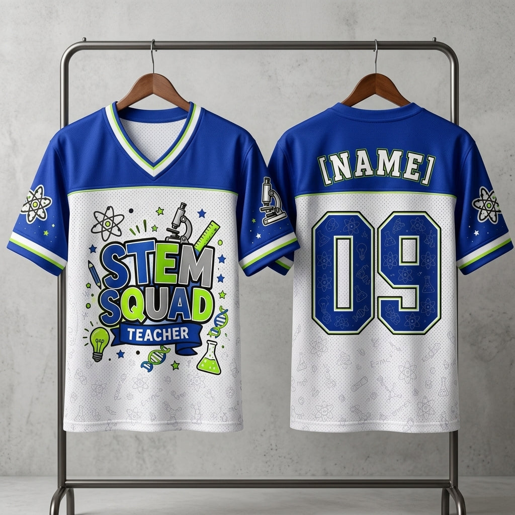 Personalized STEM Squad Teacher Football Jersey - Custom Name Science Educator Mesh Shirt