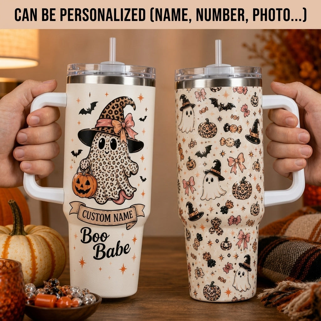 Personalized Boo Babe Halloween 40oz Tumbler with Handle - Custom Leopard Print Ghost Gift
