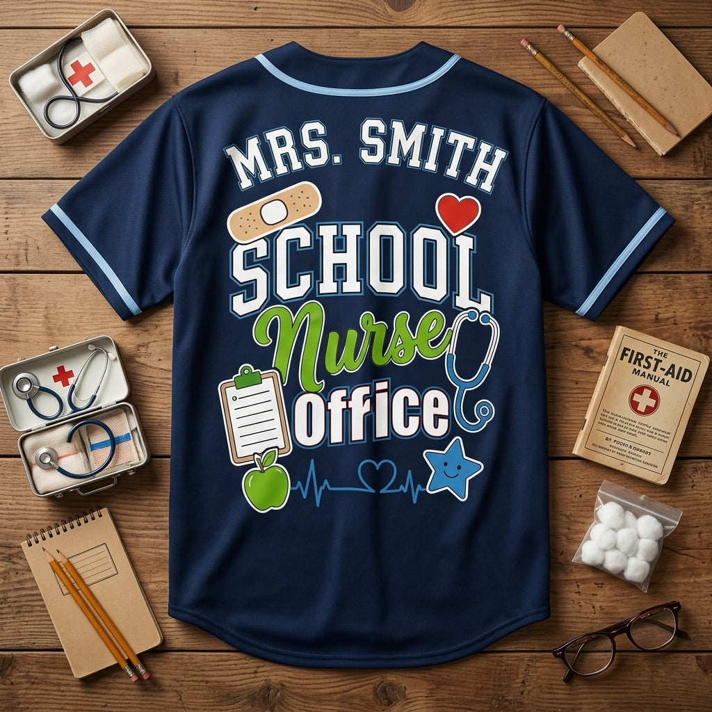 Personalized School Nurse Baseball Jersey - Custom Name Navy Blue Athletic Shirt for School Health Staff - baseball jersey product view 5