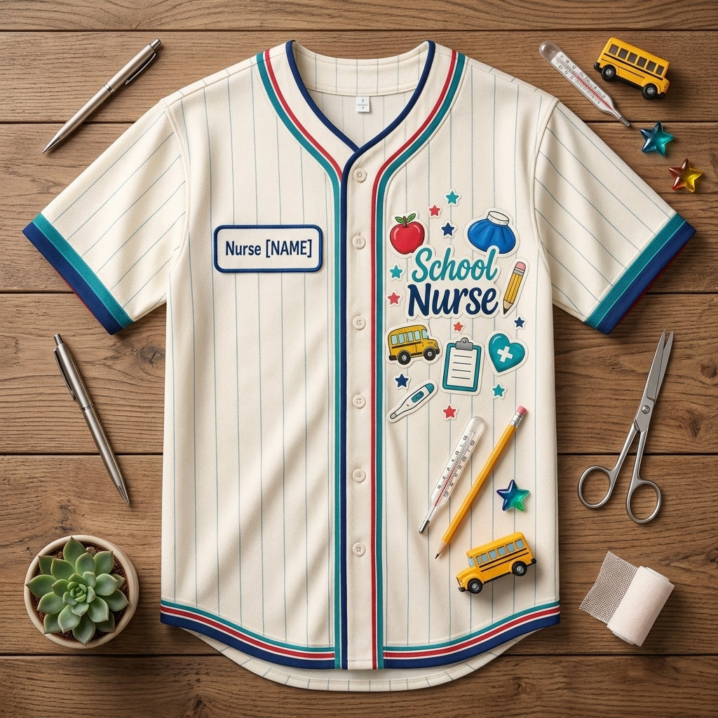 Personalized School Nurse Office Baseball Jersey - Custom Name Button Up Shirt for School Nursing Staff & Health Heroes