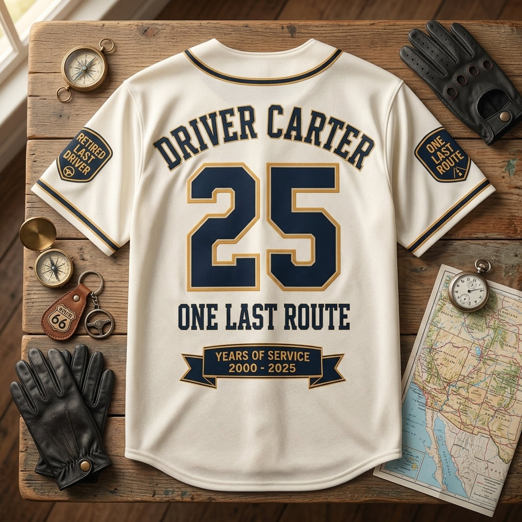Personalized Driver Retirement Baseball Jersey - Custom Name & Years of Service Last Stop Gift