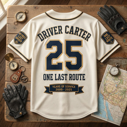 Personalized Driver Retirement Baseball Jersey - Custom Name & Years of Service Last Stop Gift