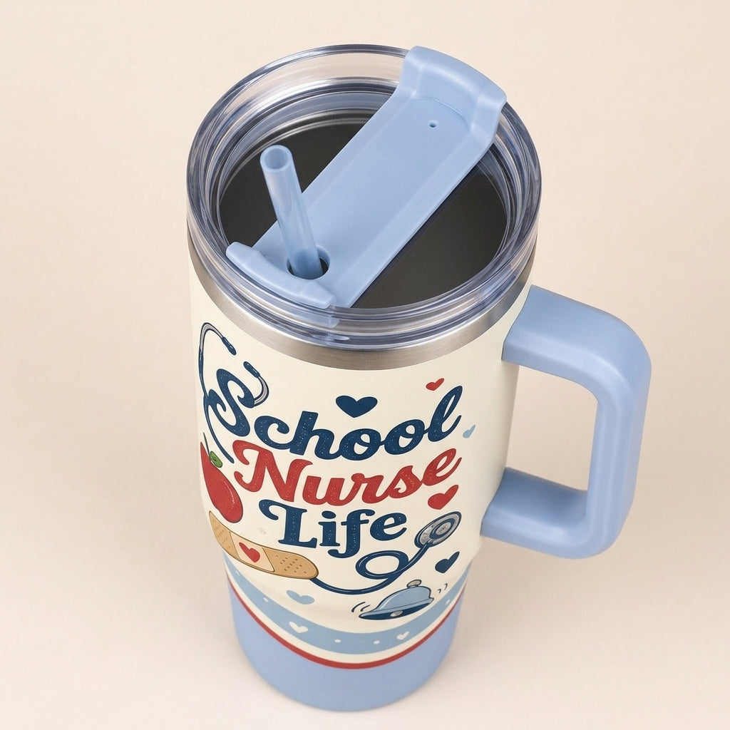 Personalized School Nurse Life 40oz Tumbler with Handle - Custom Name Nurse Gift with Stethoscope & Apple Design