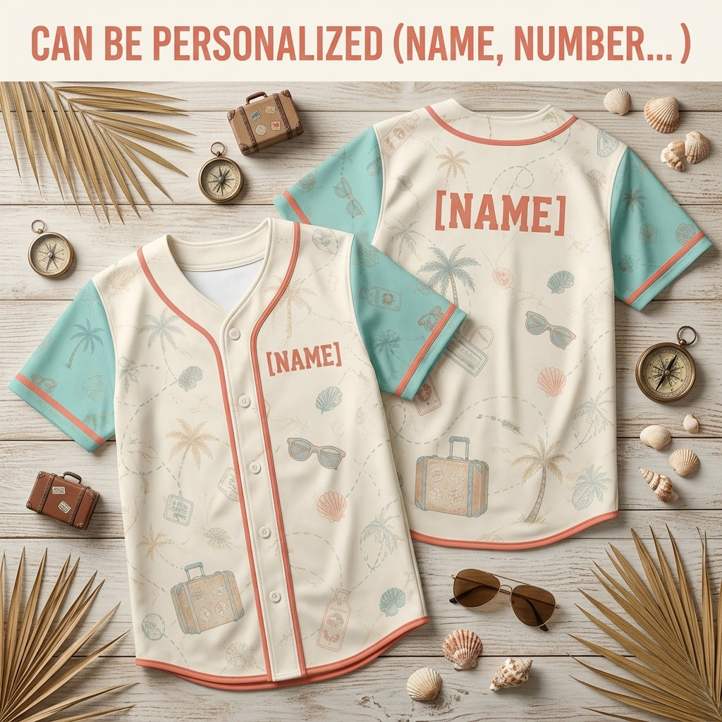 Personalized Vintage Tropical Travel Baseball Jersey - Custom Name Beach Vacation Button Up Shirt