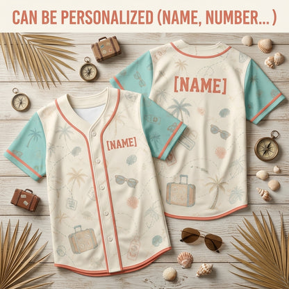 Personalized Vintage Tropical Travel Baseball Jersey - Custom Name Beach Vacation Button Up Shirt