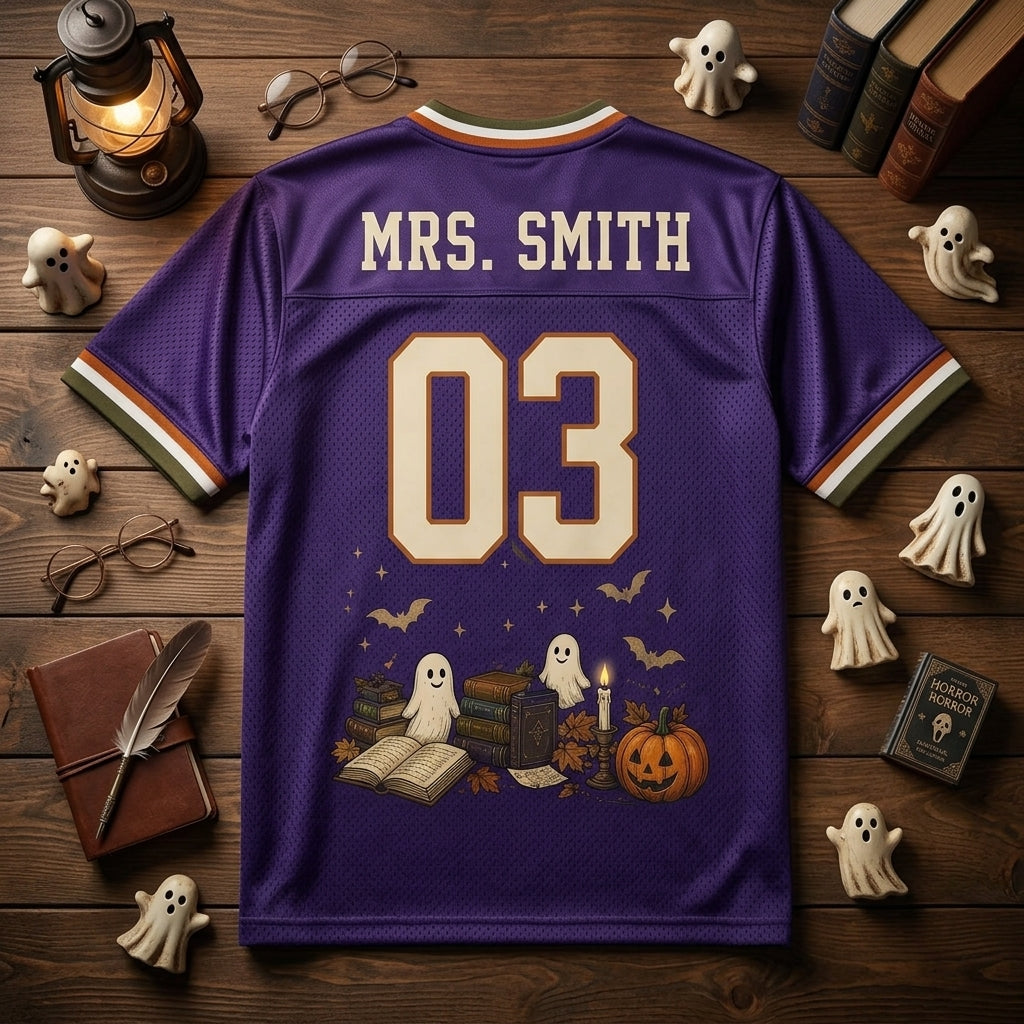 Personalized Booked For Halloween Football Jersey - Custom Name & Number Librarian Teacher Spooky Sporty Shirt