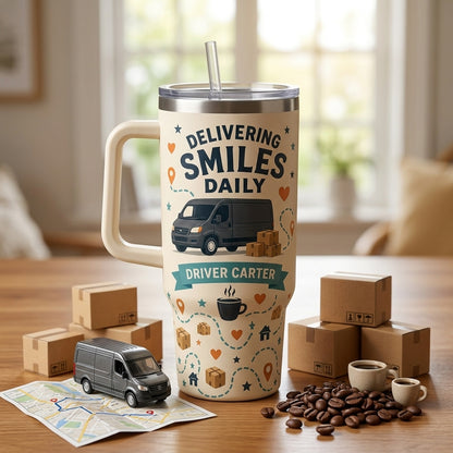 Personalized Delivering Smiles Daily Delivery Driver 40oz Tumbler - Custom Route Hero Gift