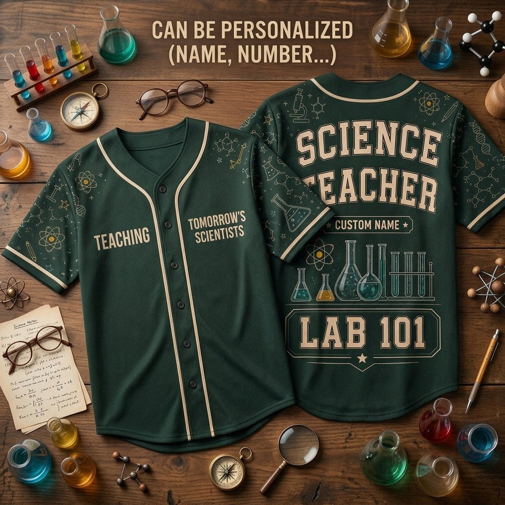 Personalized Science Teacher Baseball Jersey - Custom Name Lab 101 STEM Educator Uniform