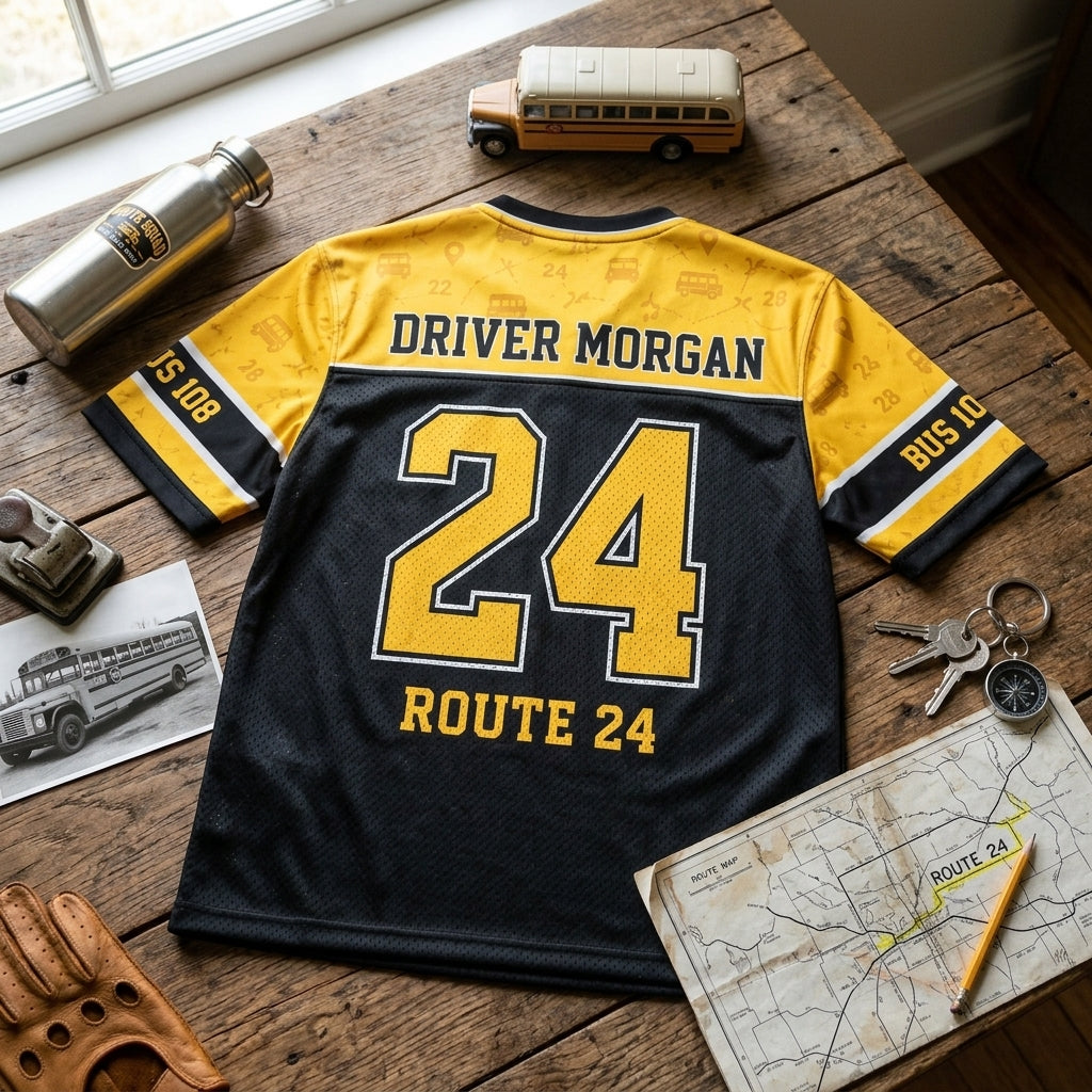 Personalized School Bus Driver Football Jersey - Custom Name & Route Number Squad Gear
