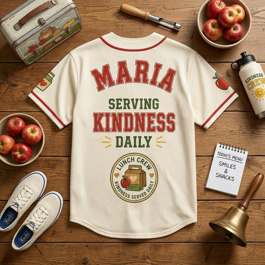 Personalized Lunch Crew Serving Kindness Daily Baseball Jersey - Custom Name Cafeteria Staff Gift