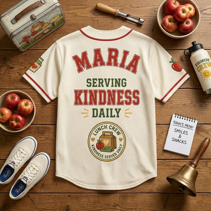 Personalized Lunch Crew Serving Kindness Daily Baseball Jersey - Custom Name Cafeteria Staff Gift