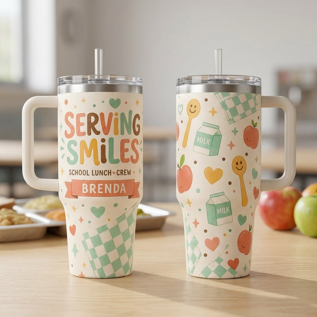 Personalized Serving Smiles School Lunch Crew 40oz Tumbler with Handle, Custom Cafeteria Worker Gift