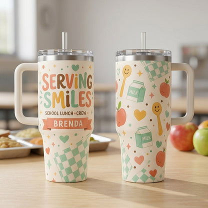Personalized Serving Smiles School Lunch Crew 40oz Tumbler with Handle, Custom Cafeteria Worker Gift
