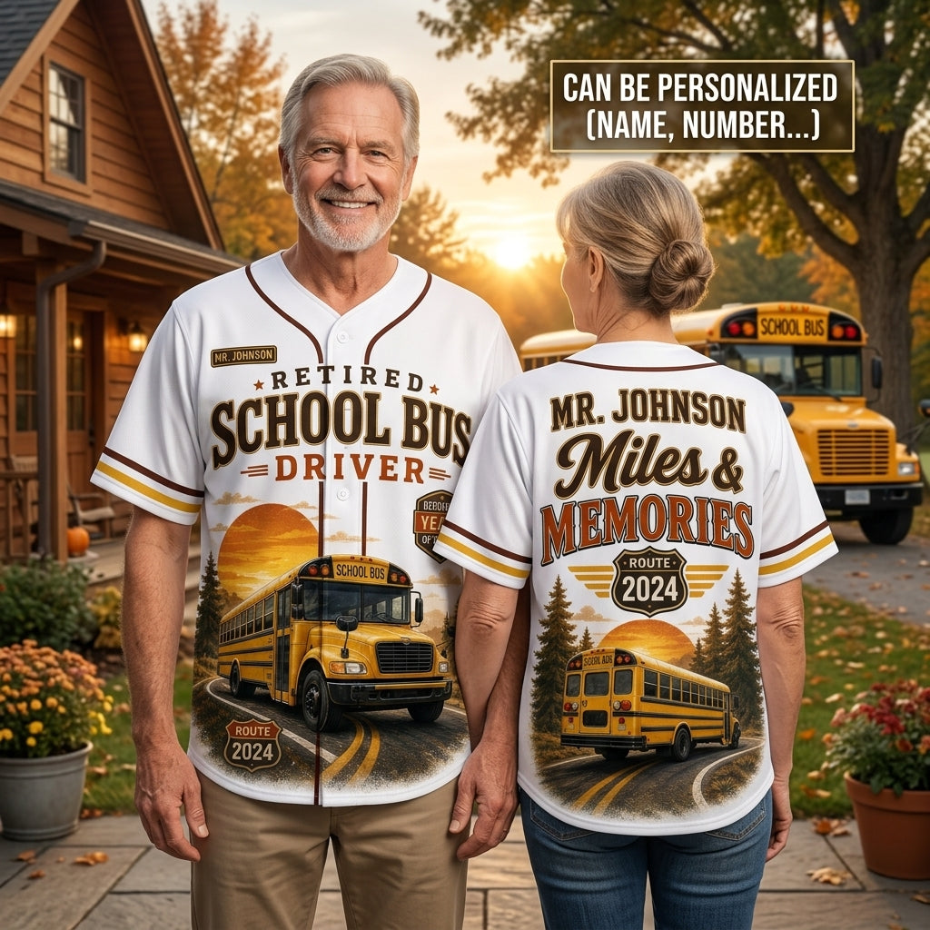 Personalized Retired School Bus Driver Baseball Jersey - Custom Name & Year Miles and Memories Shirt