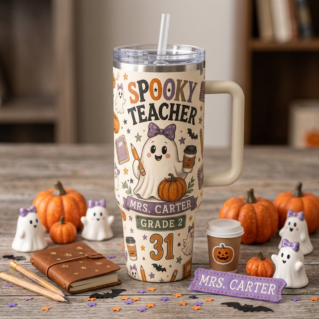 Personalized Spooky Teacher Halloween 40oz Tumbler with Handle - Custom Name and Grade Gift