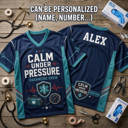 Personalized Paramedic Crew Football Jersey - Custom Name Calm Under Pressure Mesh Sportswear for EMS First Responders