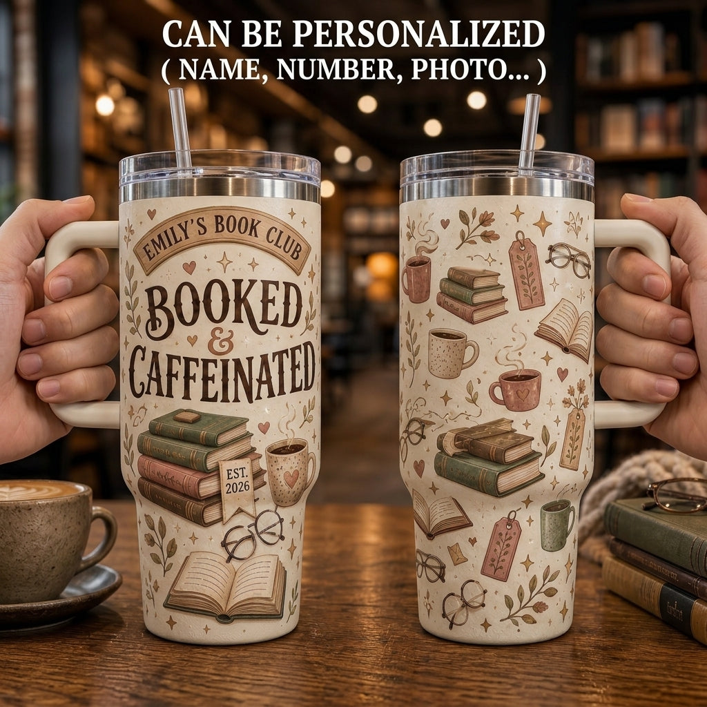 Personalized Booked & Caffeinated 40oz Tumbler with Handle - Custom Book Club Gift for Readers